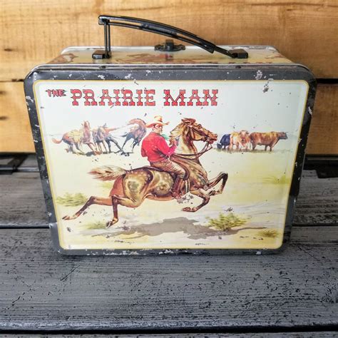 Western lunch box vintage, metal western lunch box, Prairie Man 